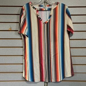 Crazy Train Top Women's Small‎ Striped Western Ribbed Knit Short Sleeve